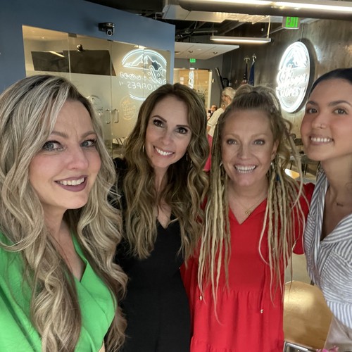 Four women selfie at cafe